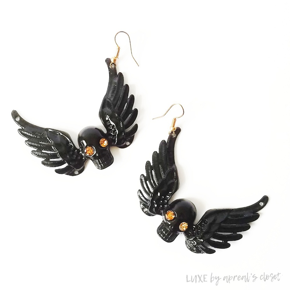Polished Metal  Skull & Wing Crystal Earrings